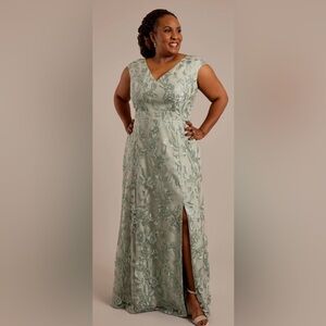 Oleg Cassini Mint Green Strapless Evening Gown with Floral Lace